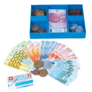 Spielgeld Kassette in blau, mit Spielgeld