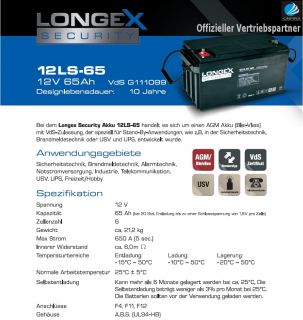 Longex Security 12LS 65 12V 65Ah Blei Vlies Akku AGM Batterie mit VdS