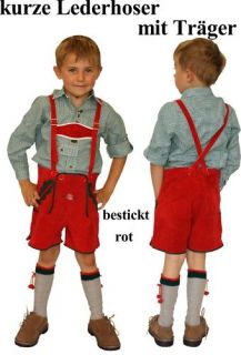 rote kurze Lederhose bestickt + Träger für Kinder 122