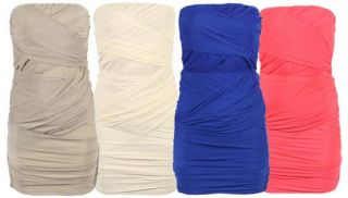 WOMENS LADIES STRAPLESS ROUCHED BANDEAU DRESS 4 COLOURS