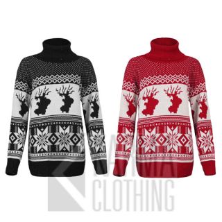 Ladies Knitted Fairisle NORDIC REINDEER SCHNEEFLOCKE POLO TURTLE NECK