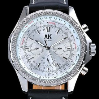 Neu Luxus XXL AK Homme Automatik Herrenuhr schwarz Leder Armbanduhr