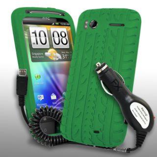 Grüne Reifen Silikon Tasche für HTC Sensation & Car Charger + Film