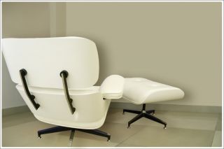 Apex Lounge Chair and Ottoman White Leather Plain Wood Charles Eames