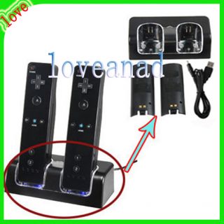 Black Sofa Dual Remote Charger + 2x 2800mAh Battery For Nintendo Wii