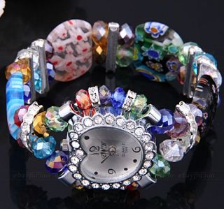 Farbig Kristall Glas Armreif Armbanduhr Damenuhr Gummizug