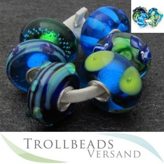 NEU Original Trollbeads Glas 6er Set Blau Grün 1