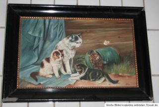 Gemälde Ölgemälde auf Leinwand Katze mit spielenden Jungkatzen sign