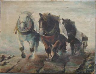 Anonymus, Pferdegespann im Sturm, 1. Hälfte 20. Jahrhundert, Öl/ Lw