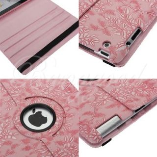 1x 360° Rotating Flowers Leather Case Smart Cover For New iPad 2 3rd