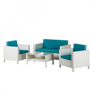 Gartenmöbel Set 4 tlg Weiß Blau Lounge Garten Tisch Stühle Bank