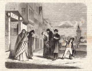 Grafik,1864,JudaikaGetto Tor,Juden & spottender Knabe