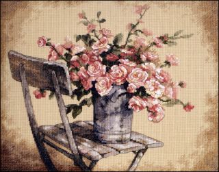 Stickpackung DIMENSIONS  Roses On White Chair 35187   14 Counted Cross