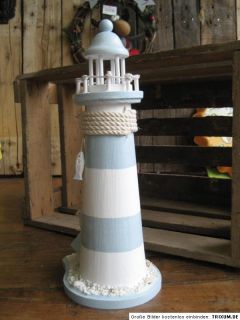 Leuchtturm Blau Weiss Maritim Deko für Bad oder Regal Holz 37 cm