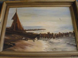 Ölgemälde   Fischerboot am Strand Seestück mit Mole u Möwen