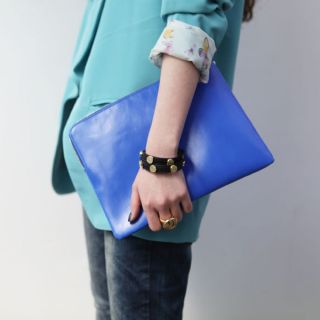 Blue Real Cow Leather Basic Simple Second Clutch Wristlet Pouch Bags