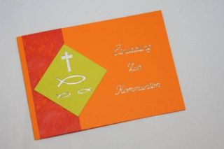 Einladungskarten Kommunion Konfirmation Fisch Kreuz Ichty   orange