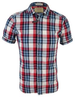 New ESPRIT Mens Short Sleeve Check Shirt Blue & Red Slim Fit