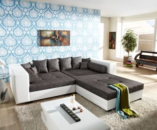 Big Sofa Stella 300x140cm Weiss Grau XXL Couch mit Hocker und Kissen