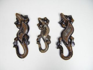 3er Set Geckos Holz Braun Dekoration Figur Tier Deko 02