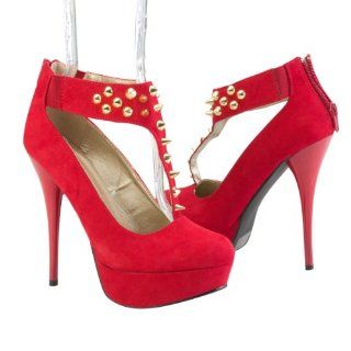 Toe Platform Ankle Strap Stiletto High Heel Pump Shoes, Red Faux Suede