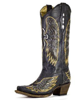 Womens Distressed Black Winged Cross Golden Inlay Boot   A1967 Shoes
