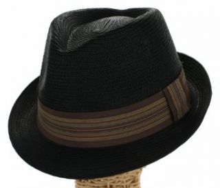 Simple Plain Straw Fedora Hat with Stripped Brand, Black