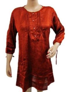 Womens Hippie Boho Tops Red Blouse Buttons Satin Tunic Top