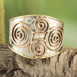 Handcrafted Hammered Brass and Copper Swirls Cuff Bracelet (India
