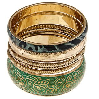 Set of 7 Brass and Resin Green Tropic Bloom Bangles (India