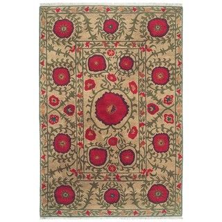 Nepalese Hand knotted Beige Poppies Wool Rug (6 x 9)