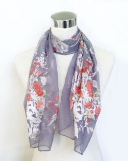 Chiffon/Satin Red and Silver Floral Print on Gray   Silk