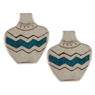 Southwest Moon Silvertone Turquoise Inlay Pottery Jar Post Earrings