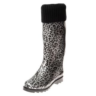 Henry Ferrera Womens Silver Leopard Printed Knit Cuff Rain Boots