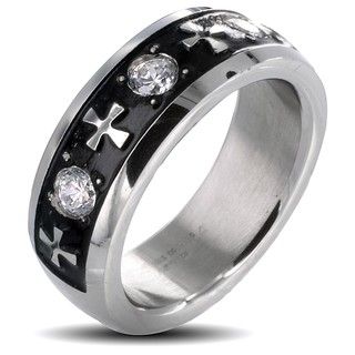 Stainless Steel Mens Celtic Cross and Triple Crystal Stone Ring
