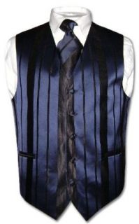 Mens Dress Vest & NeckTie Navy Blue Woven Stripe Design