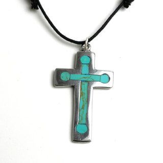 Silver Cross Pendant With Inlaid Turquoise (Mexico)