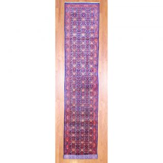 Persian Hand knotted Hamadan Blue/ Rust Wool Rug (34 x 174