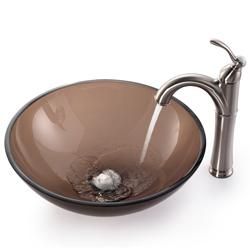 Kraus Brown Clear Glass Vessel Sink and Rivera Bathroom Faucet