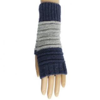 Blue & Grey Block Stripe Two Tone Fingerless Knit Gloves