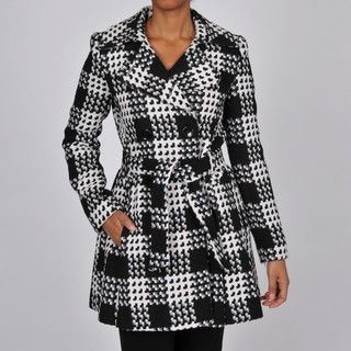 Via Spiga Womens Black/White Plaid Wool blend Belted Trench Coat