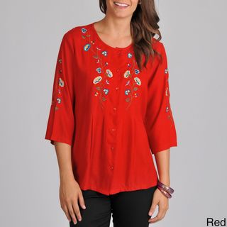 La Cera Womens Floral Embroidered 3/4 sleeve Top