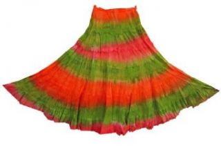 Gypsy Skirt Tie Dye Orange Green Cotton Full Flare Maxi