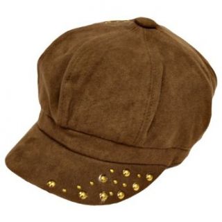 Brown Poly Suede Gold Studded Newsboy Hat Clothing