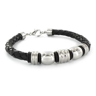 High polish Stainless Steel and Black Leather Bangle Bracelet