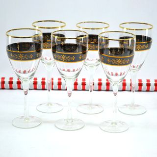 Threestar Crystal Black/ Gold Floral Wine Glasses (Set of 6