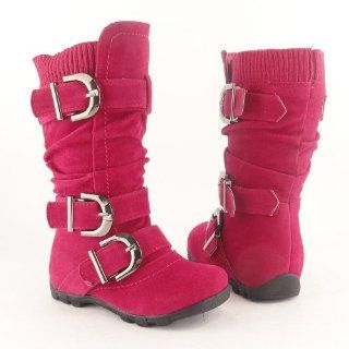 Youth Girls Faux Suede Knee High Buckle Flat Boots FUCHSIA , 9 Shoes