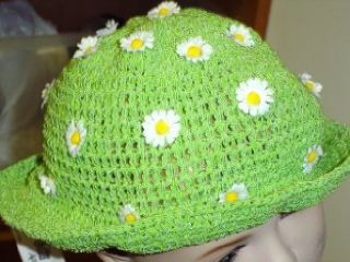 Ht25lm, Hand crocheted Lime gimp Floppy Hat With Daisies