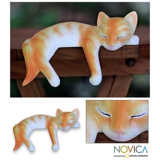 Wood Snoozing Ginger Tabby Statuette (Indonesia)