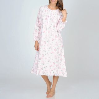 La Cera Womens Pink Floral Print Flannel Nightgown